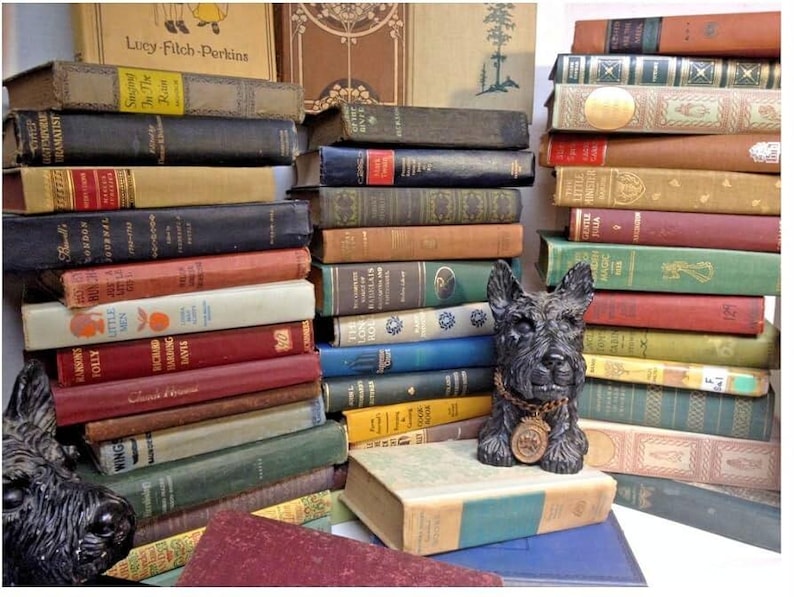May include: A collection of antique books with various colored covers, stacked in piles. A black dog statue with a gold collar and medallion sits among the books. The books have titles like "Little Men" and "Singing in the Rain".