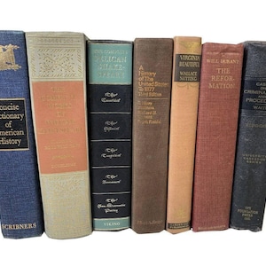 May include: A collection of vintage books with various titles and colors. The spines display titles such as "Concise Dictionary of American History," "The Complete Pelican Shakespeare," and "Cases on Criminal Law and Procedure."