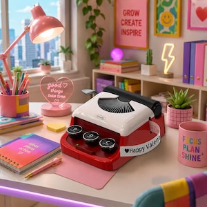 May include: A red and white label maker with a typewriter-inspired design, featuring three large circular keys labeled P, D, and C. A white adhesive strip emerges from the side, printed with the text "Happy Valent" and a heart symbol.