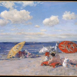 May include: An impressionist painting of a beach scene with figures, parasols, and the ocean under a blue sky with clouds. A large red parasol is open on the right, and a yellow parasol is open on the left. Figures are scattered on the sand.
