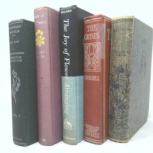 May include: A collection of vintage books with various colors and titles. The spines display titles such as "Waverley Novels", "The Joy of Flower Arranging", and "The Crisis". The books are arranged vertically, showcasing their aged covers.