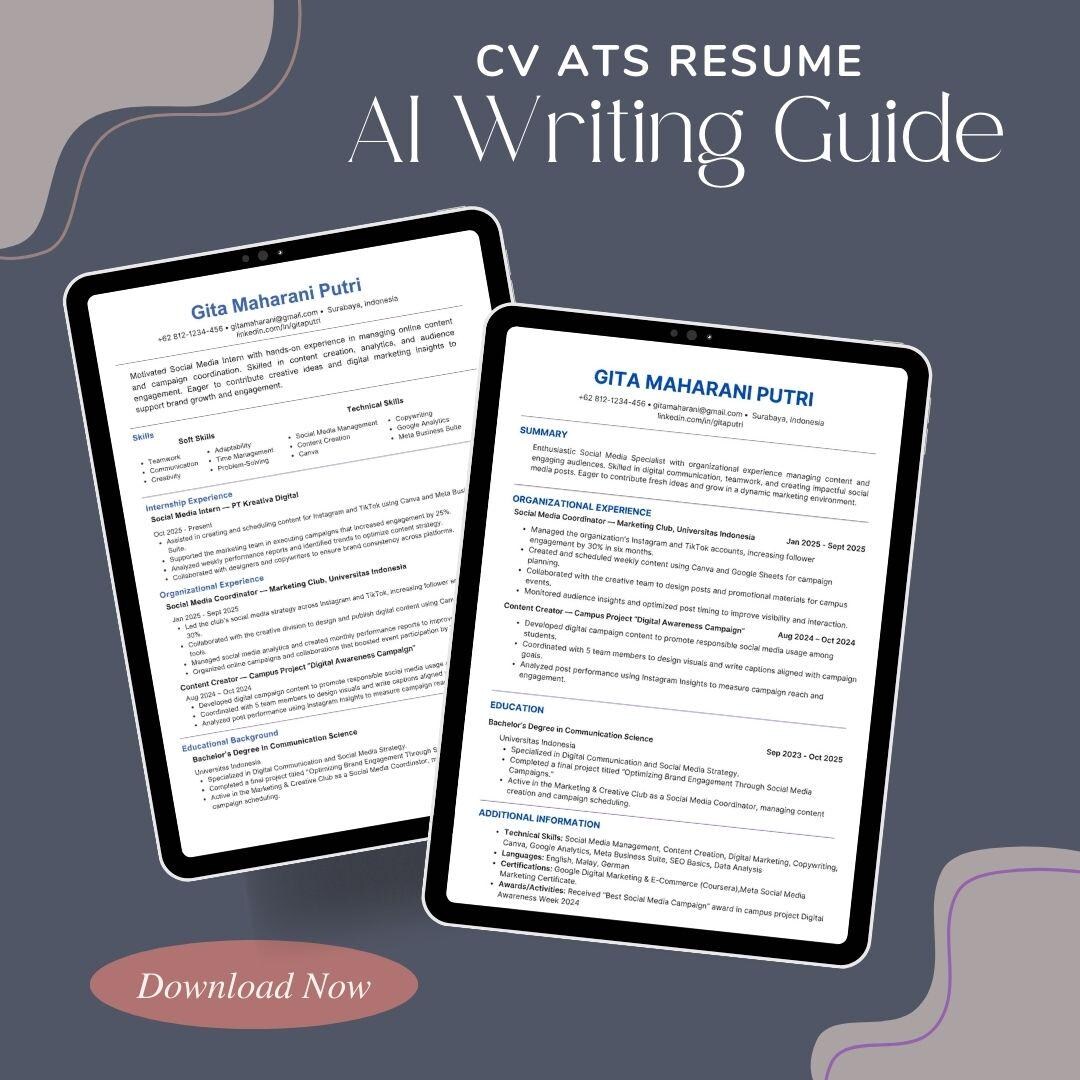 ATS Resume Template Canva, Minimalist CV, AI Writing Guide (digital ...