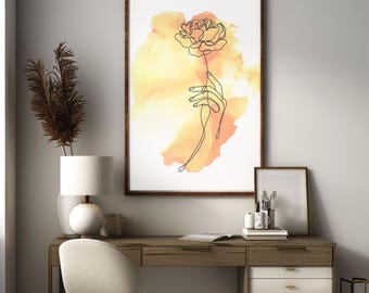 Golden Flower Line Art Printable – Minimalist Floral Wall Art – Watercolor Digital Download - Minimalist Watercolor Art - Floral Line Art