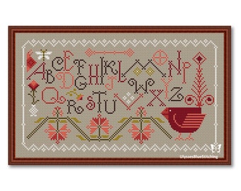 Cross Stitch Alphabet and Bird Sampler, Alphabet Pattern PDF, Sampler Letters Primitive