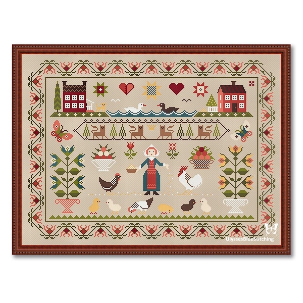 Cross Stitch Sampler #2, House and Farm Sampler Primitive, Old Farm Pattern PDF