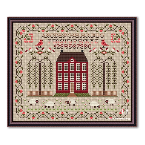 Cross Stitch Vintage Alphabet Sampler, House Pattern PDF, Sampler Alphabet Primitive