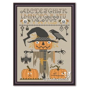 May include: Cross stitch pattern featuring a scarecrow with a pumpkin head, wearing a witch's hat and holding a bat and spider. The pattern also includes a pumpkin, a raven, and the alphabet. The pattern is titled "UlyssesBlueStitching".