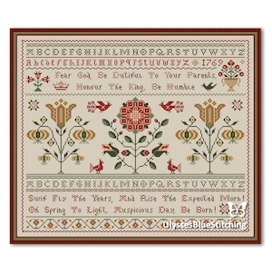 Cross Stitch Flowers Old Sampler, Flowers and Alphabet Pattern PDF, Sampler Alphabet Flowers Primitive Old Style, a gift for an embroideress