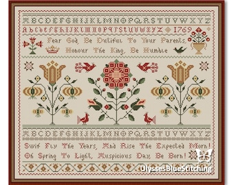 Cross Stitch Flowers Old Sampler, Flowers and Alphabet Pattern PDF, Sampler Alphabet Flowers Primitive Old Style, a gift for an embroideress