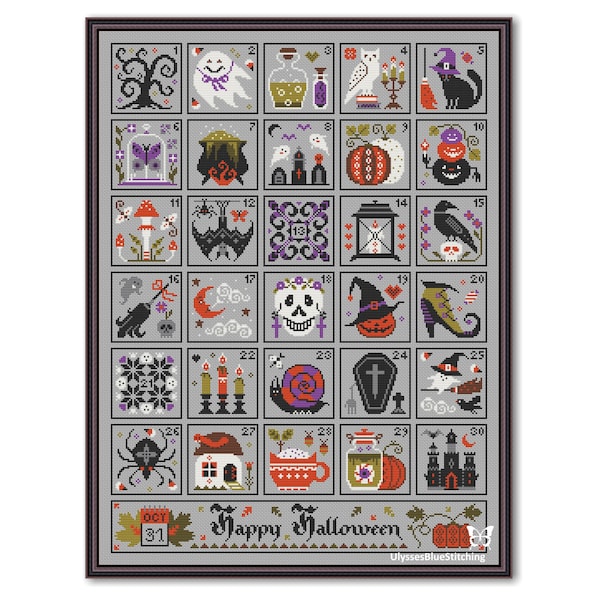 Halloween Advent Calendar, Halloween Pattern Cross Stitch PDF, Halloween Counted Advent Sampler, Happy Halloween Calendar pdf