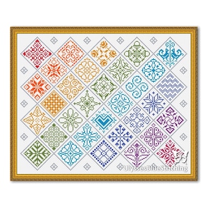 May include: A framed cross-stitch sampler featuring a grid of colorful geometric and floral patterns. The designs include diamonds, stars, and other shapes in a variety of colors, including red, orange, green, and blue. The text "UlyssesBlueStitching" is in the lower right corner.