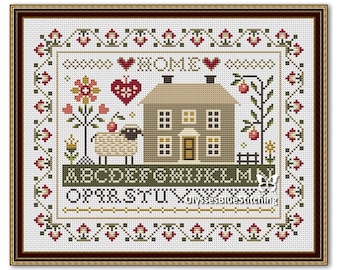 Cross Stitch Home Sampler, House Pattern PDF, Sheep Sampler Primitive, Sheep and Home Pattern, a gift for an embroideress