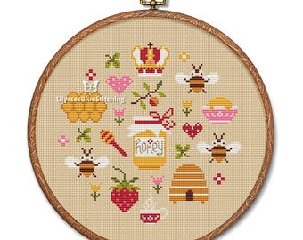 Honey Bee Cross Stitch Pattern: Primitive Sampler (PDF Pattern)