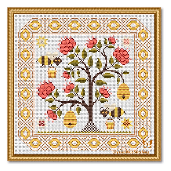 Cross Stitch Bees and Honey Sampler, Bee and Honey Pattern PDF, Bee Primitive Sampler, Summer Tree Sampler