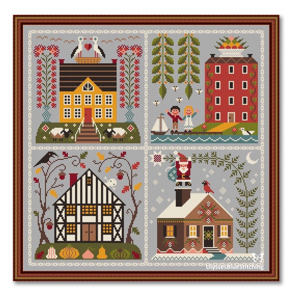 Cross Stitch Four Seasons Sampler, House Seasons Pattern PDF, Sampler Primitive, Winter - Spring - Summer - Autumn Sampler pdf