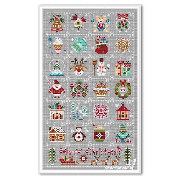 Christmas Advent Calendar, Merry Christmas Pattern Cross Stitch PDF, Christmas Advent Sampler Primitive, Winter Advent Calendar pdf