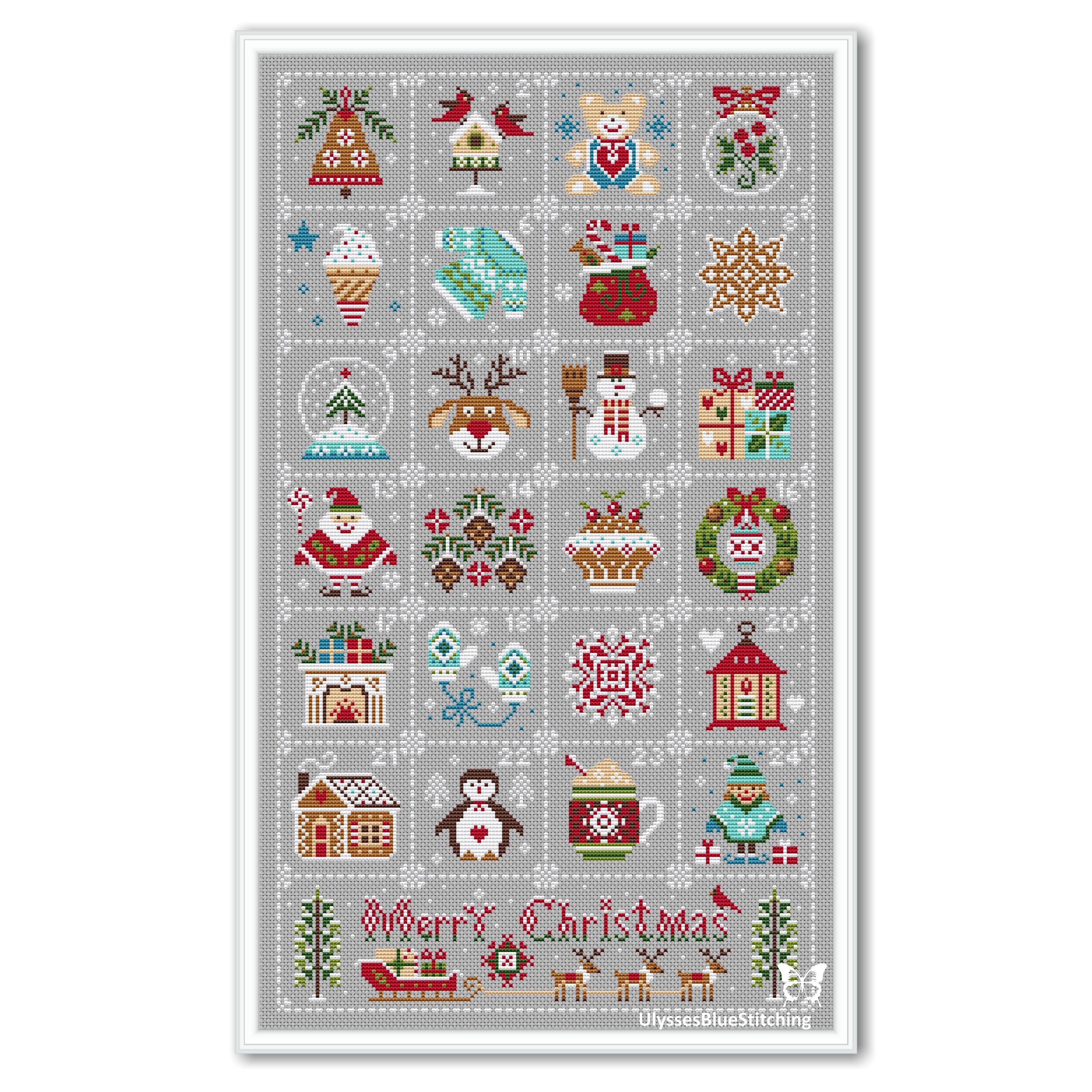 Christmas Advent Calendar, Merry Christmas Pattern Cross Stitch PDF,  Christmas Advent Sampler Primitive, Winter Advent Calendar Pdf 