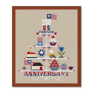 May include: Cross-stitch design featuring a tiered display with patriotic symbols. The design includes flags, a cupcake, a house, and the text "250 US FOREVER ANNIVERSARY". The color palette is red, white, blue, and tan.