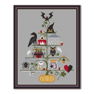 May include: A cross-stitch pattern featuring a Halloween-themed tree with a pumpkin at the base. The tree is decorated with various spooky elements, including a bat, a witch's hat, a raven, a ghost, an owl, a spider, a potion bottle, a jar with an eyeball, and a heart.