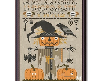 Cross Stitch Halloween Sampler, Halloween Pattern PDF, Sampler Scarecrow Primitive PDF, Pumpkins Sampler pdf