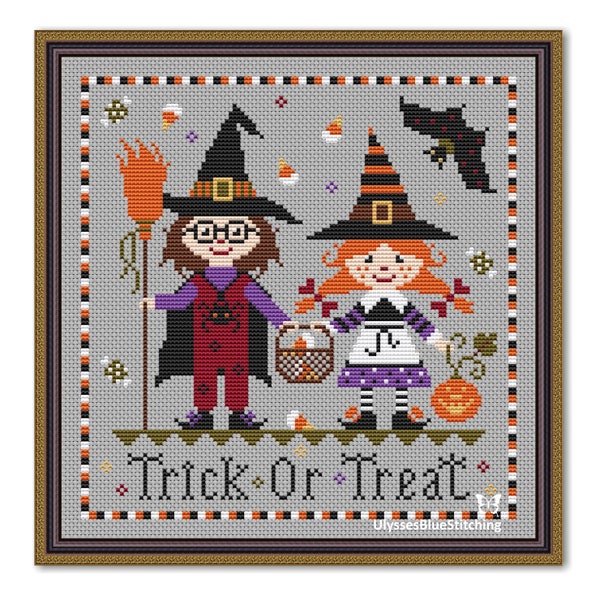 Cross Stitch Trick Or Treat Sampler, Happy Halloween Pattern PDF, Trick-Or-Treating Halloween Pattern pdf, Small Children Halloween Sampler