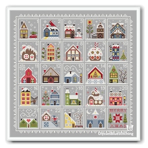 Christmas Houses Advent Calendar Cross Stitch, Merry Christmas Advent Cross Stitch PDF, Christmas Houses Sampler Primitive, Winter Advent