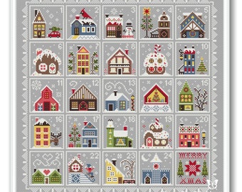 Christmas Houses Advent Calendar Cross Stitch, Merry Christmas Advent Cross Stitch PDF, Christmas Houses Sampler Primitive, Winter Advent