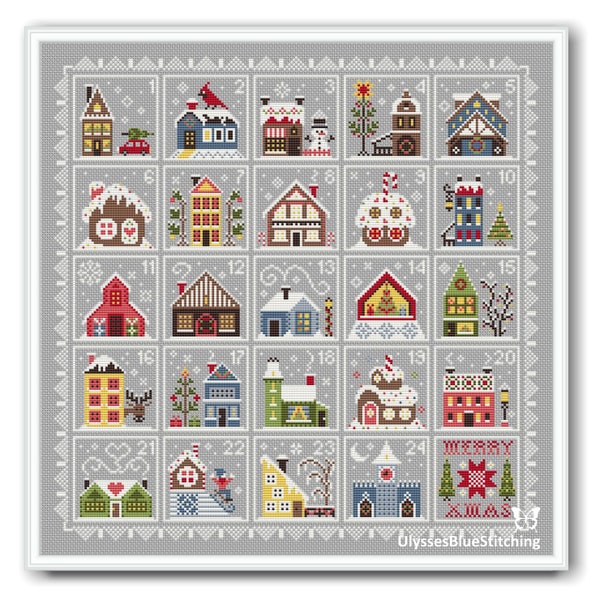 Christmas Houses Advent Calendar Cross Stitch, Merry Christmas Advent Cross Stitch PDF, Christmas Houses Sampler Primitive, Winter Advent