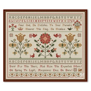 Cross Stitch Flowers Old Sampler, Flowers and Alphabet Pattern PDF, Sampler Alphabet Flowers Primitive Old Style
