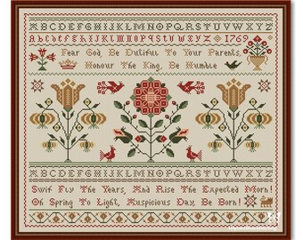 Cross Stitch Flowers Old Sampler, Flowers and Alphabet Pattern PDF, Sampler Alphabet Flowers Primitive Old Style