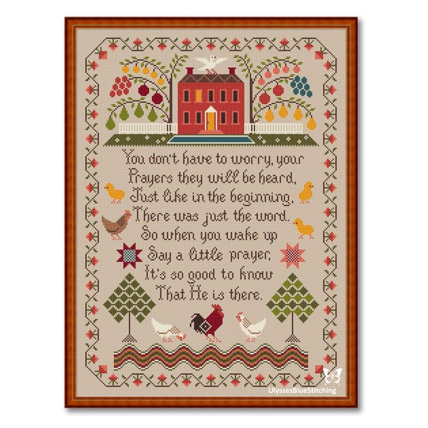 Cross Stitch Sampler #1, Sampler House and Alphabet Primitive, Pattern PDF