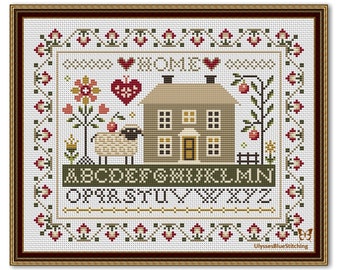 Cross Stitch Home Sampler, House Pattern PDF, Sheep Sampler Primitive, Sheep and Home Pattern