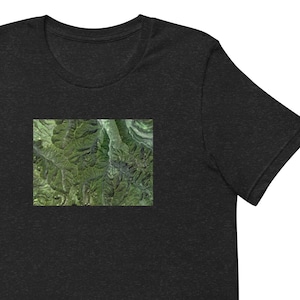 May include: A dark heather grey t-shirt featuring a green aerial photograph of a mountainous landscape.