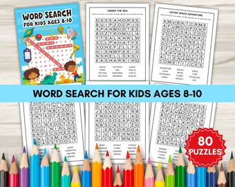 May include: A set of 80 word search puzzles for kids ages 8-10. The puzzles are divided into three categories: Under the Sea, Outer Space Adventure, and Dinosaurs. Each puzzle features a grid of letters with words hidden within. The puzzles are printed on white paper with colorful borders.
