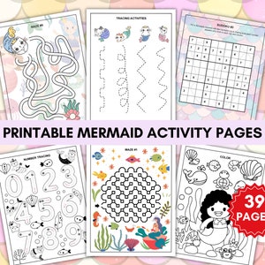 Mermaid Coloring and Activity Sheets, preschool edition, 20 pages, digital  download, coloring sheets, maze, word search and tracing