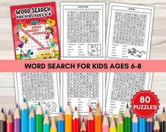 May include: A set of 80 printable word search puzzles for kids ages 6-8. The puzzles feature themes like adventure, legend, and art. The puzzles are black and white and have a fun, kid-friendly design.