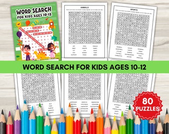 May include: A set of 80 printable word search puzzles for kids ages 10-12. The puzzles are divided into three categories: Animals, Sports, and Food. Each puzzle features a grid of letters with words hidden within. The puzzles are designed to help kids improve their vocabulary, spelling, and problem-solving skills.