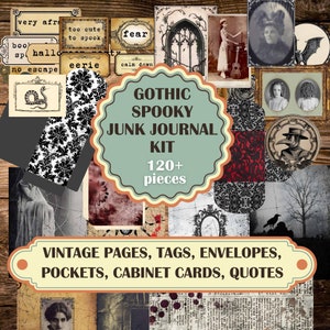 Gotische griezelige junkjournal-kit, vintage Halloween-junkjournal-pagina's, enge citaten, kastkaarten, efemere, etiketten, 120 stukjes op 30 pagina's
