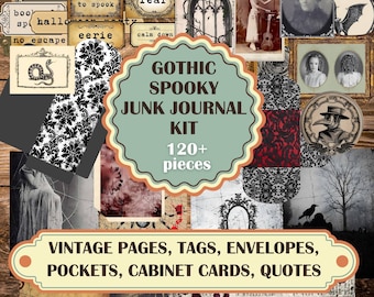 Gothic creepy junk journal kit, vintage Halloween junkjournal pages, scary quotes, cabinet cards, ephemera, labels, 120 pieces on 30 pages