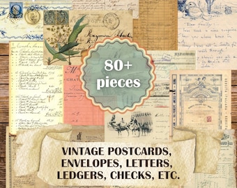 May include: A collage of vintage postcards, envelopes, letters, ledgers, checks, and other paper ephemera. The collage is made up of over 80 pieces and features a variety of colors, fonts, and styles. The text "80+ pieces" is in a large circle in the center of the collage.