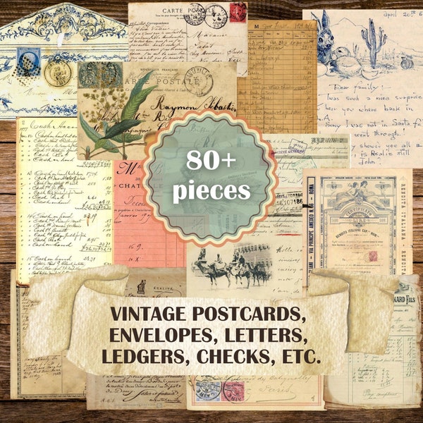 Handwritten letters, vintage envelops, old printable receipts, antique ledger, old postcards, etc. for junkjournals, 85 pieces on 24 pages