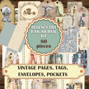Afdrukbare junkjournaalkit Regency Era, Jane Austen-dagboek en voorpagina's enveloppen, zakken, tags, postzegels, achtergrondpapier op 27 pagina's