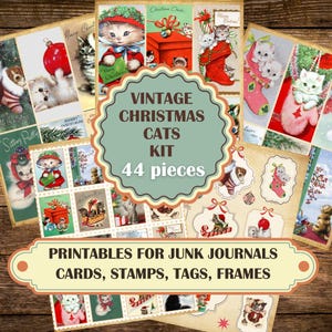 Cartões de felicitações de selos de gatos vintage de Natal para diários de lixo, download digital instantâneo para impressão, itens de corte retrô e delicados