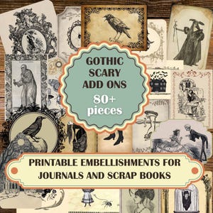 Kit de complementos góticos assustadores, etiquetas vintage assustadoras de Halloween para diários de sucata, envelopes, bolsos, itens efêmeros assustadores para álbuns de recortes, 85 peças em 14 páginas