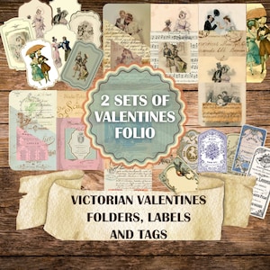 May include: Two sets of vintage Valentine's Day printable folio, folders, labels, and tags. The image features a collage of Victorian-era images, including couples, flowers, and romantic scenes. The text "2 Sets of Valentines Folio" and "Victorian Valentines Folders, Labels and Tags" is visible.