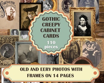 Gothic creepy cabinet cards with old frames, printable vintage Halloween eery photos spooky ephemera for junkjournals 110 pieces on 14 pages