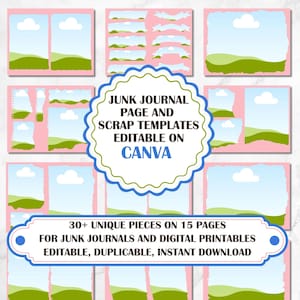 Puede incluir: Un conjunto de 15 páginas digitales imprimibles para diarios de chatarra y scrapbooking digital. Las páginas presentan un fondo rosa con cielo azul, nubes blancas y colinas verdes. El texto en la imagen dice "Junk Journal Page and Scrap Templates Editable on Canva 30+ Unique Pieces on 15 Pages For Junk Journals and Digital Printables Editable, Duplicable, Instant Download".