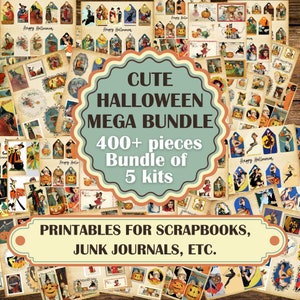 Halloween Mega Bundle, Vintage süße Bilder, schwarze Katzen Hexen, Karten, Etiketten, Tags, Postkarten für Junk Journals, printable sofort download