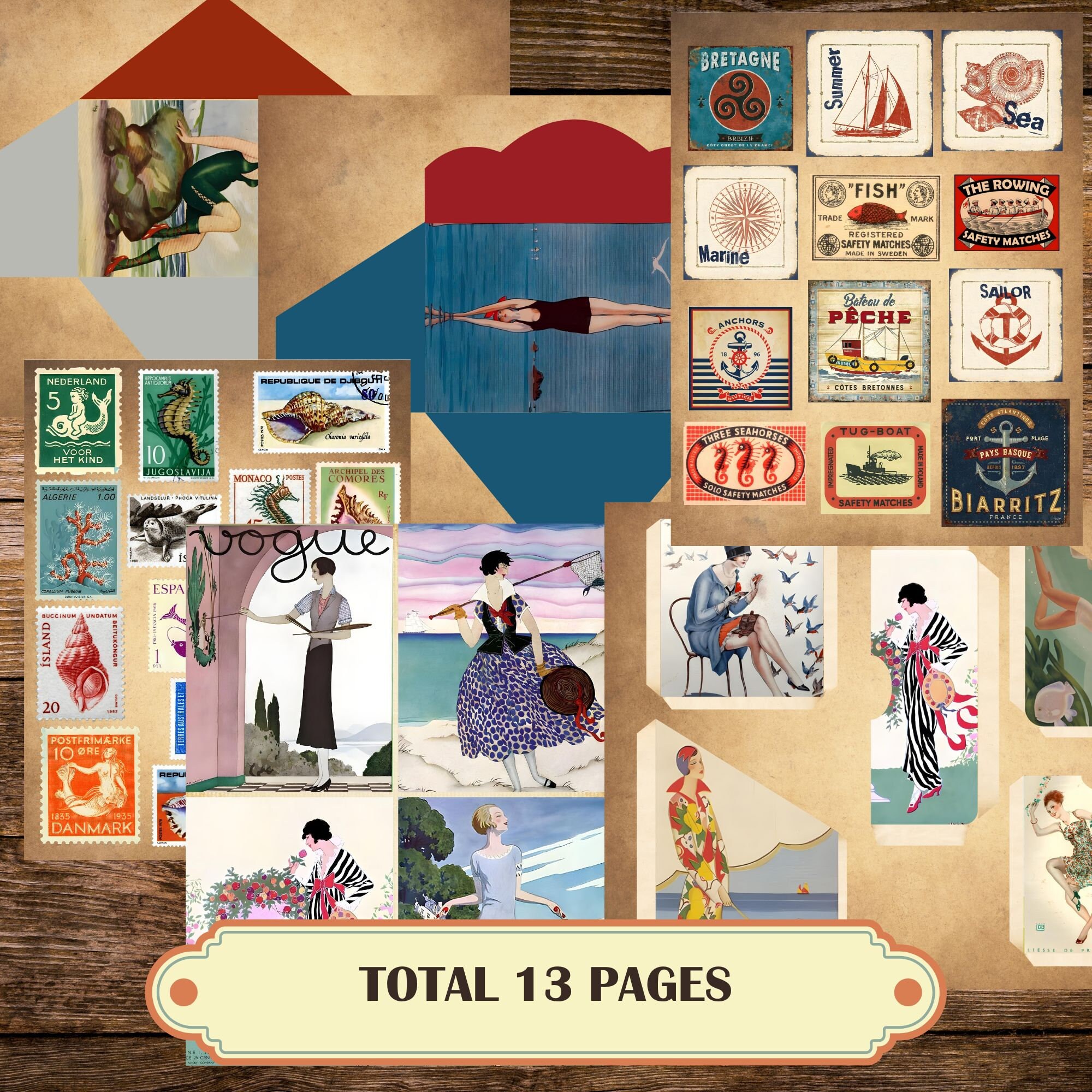 Printable Vintage Summer Junk Journal Kit: Art Deco Nautical Ephemera ...
