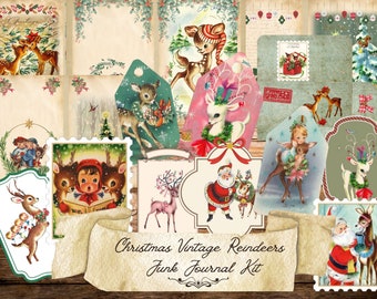 Reindeer Christmas Vintage junk journal kit, stamps, labels, tags, envelopes, printable instant digital download, retro fussy cut ephemera